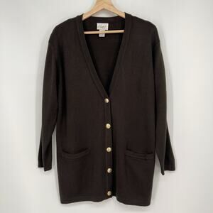 Vtg Essential Elements Wool Blend Cardigan Womens Medium Dark Brown Crest Button
